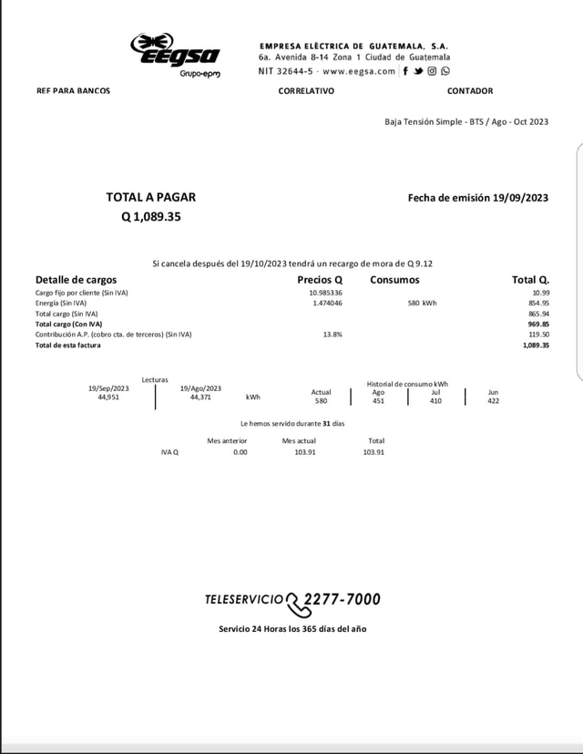 Recibo de luz antes de paneles solares - Q1,089