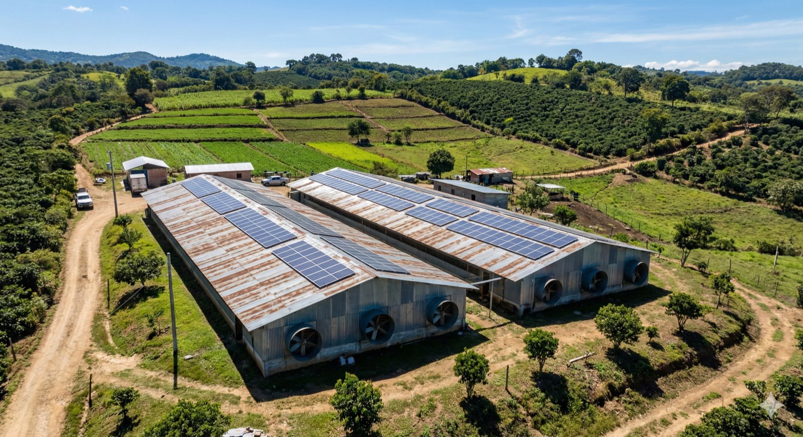 Granja avícola en Guatemala con paneles solares - control de temperatura y ahorro energético