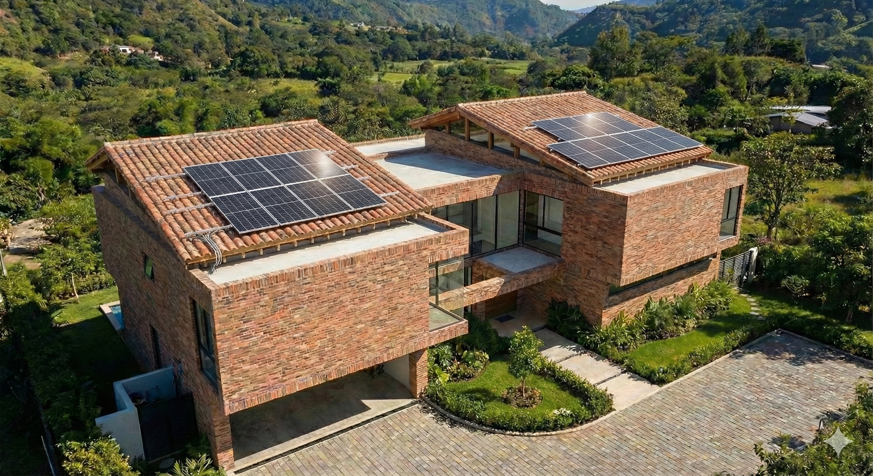 Casa de ladrillo con paneles solares en techo de teja en Guatemala - precios 2026