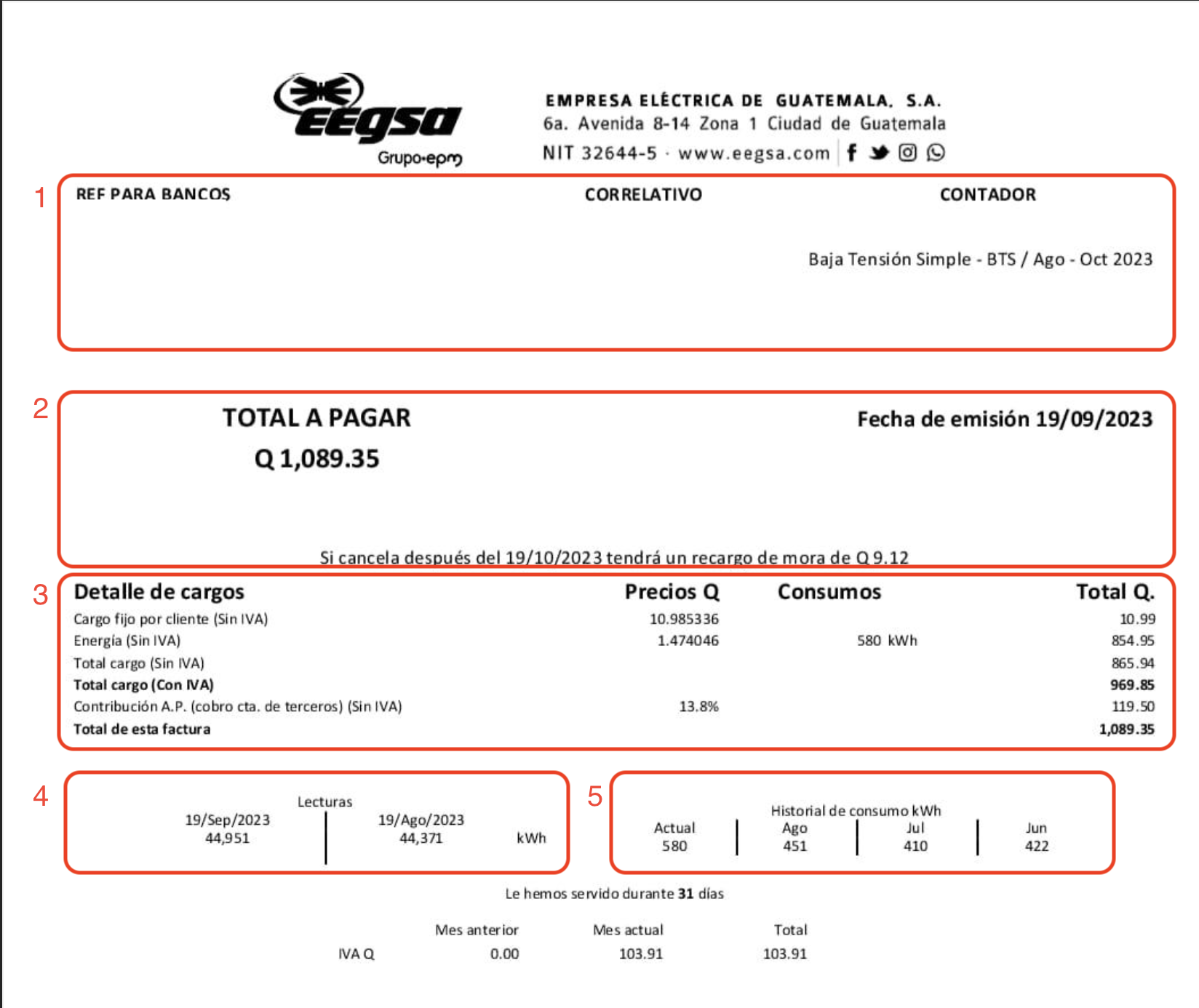 Ejemplo de recibo EEGSA Guatemala