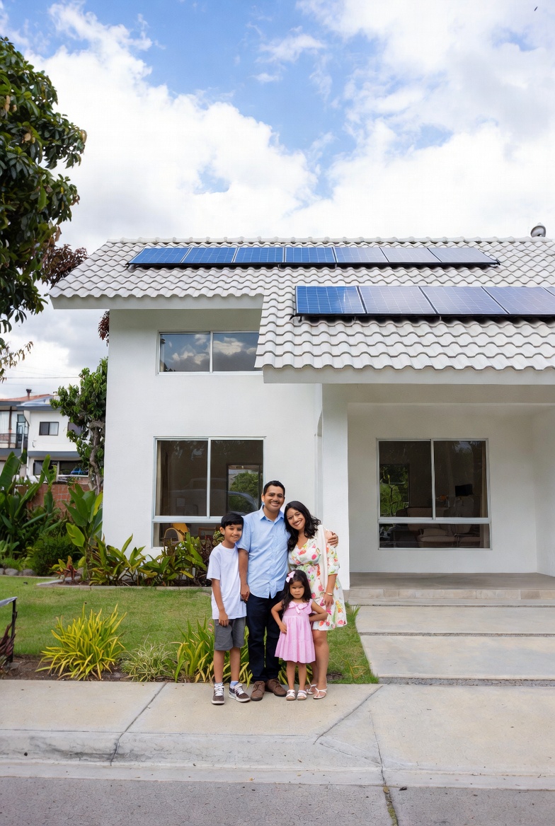 Familia guatemalteca feliz con su casa con paneles solares - financiamiento accesible