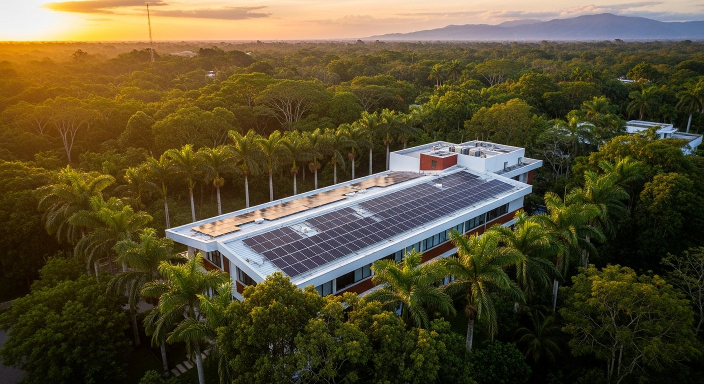 Paneles solares instalados en un proyecto comercial de Guatemala con vista a la montaña