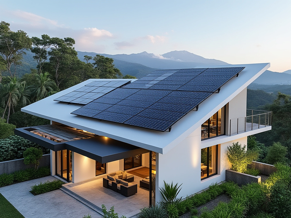 Una imagen de un techo con paneles solares y dos bancas adelante de una ventana