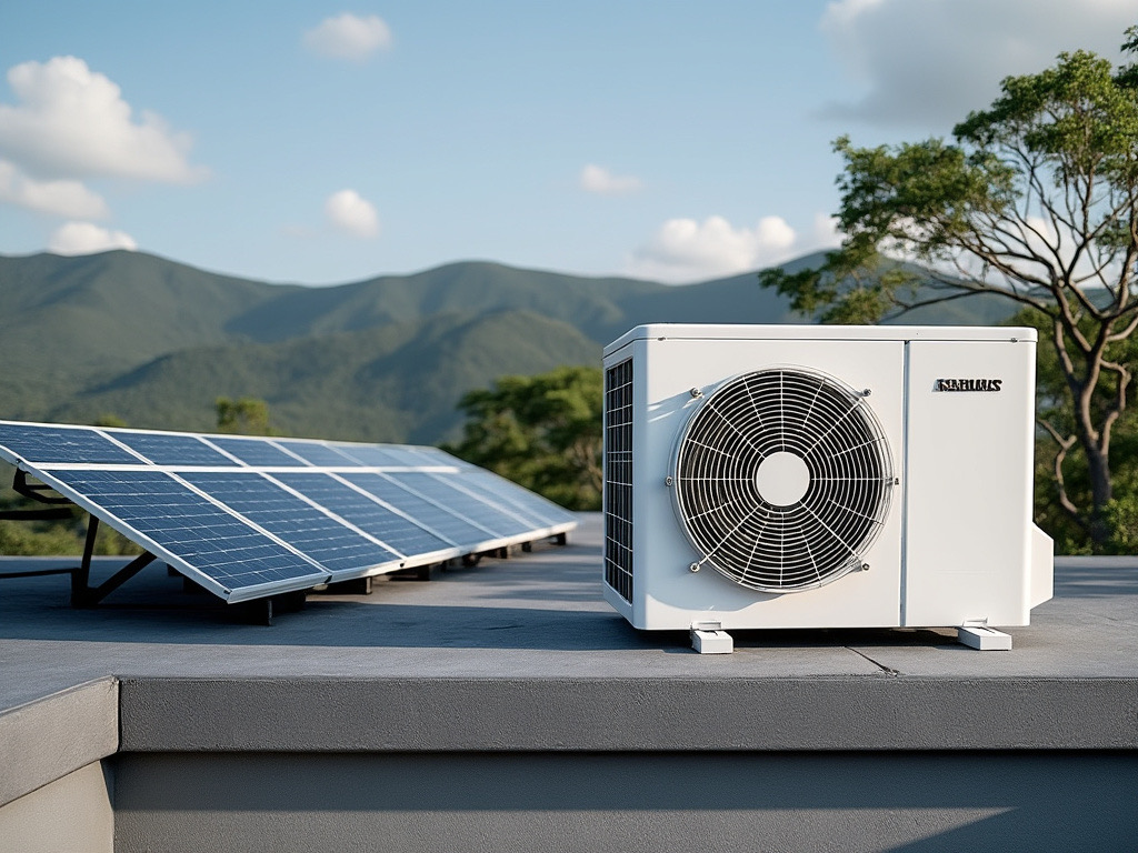 Paneles solares y unidad de aire acondicionado en el techo de una casa guatemalteca