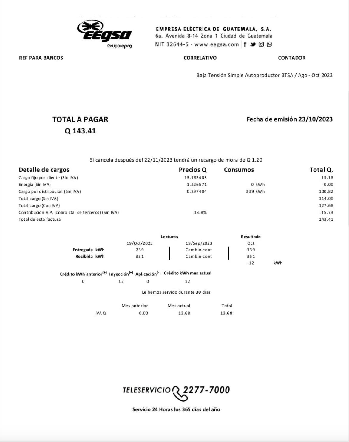 Recibo después de paneles solares (10/2023)